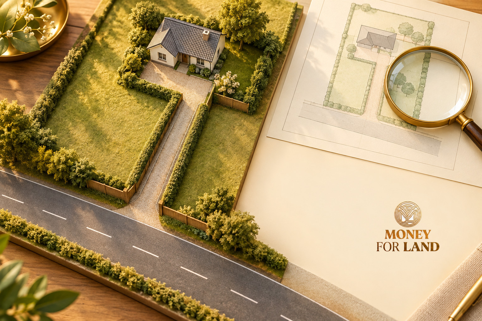 แบบจำลองเส้นทางเข้าบ้าน ผังแนวคิดและแว่นขยาย พร้อมโลโก้ Money For Land